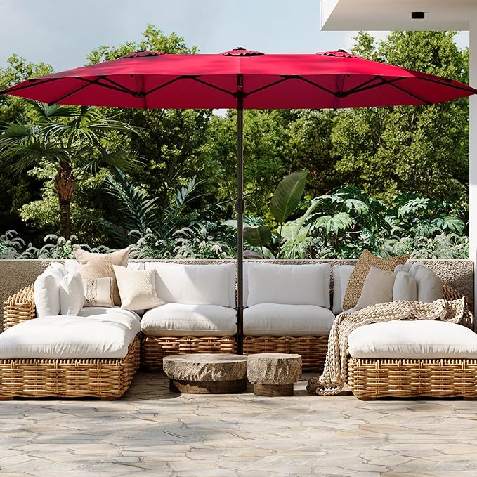 AECOJOY 15x9ft Large Patio Umbrella, Outdoor Double-Sided Rectangle Umbrella with Crank Handle, Market Umbrella for Deck Pool Patio Garden(1.9" Pole, Red)