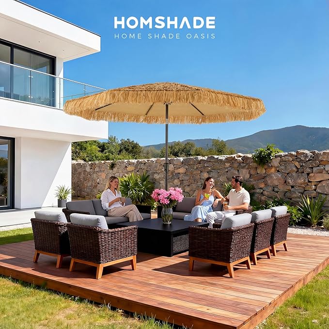 HOMSHADE 9ft Hula Thatched Hawaiian Style Tiki Umbrella with Crank & Tilt, UPF 50+ Nylon Thatch & 220GSM Polyester Canopy, 8 Heavy-Duty Steel Ribs for Outdoor, Patio, Beach, Pool, Backyard, Garden