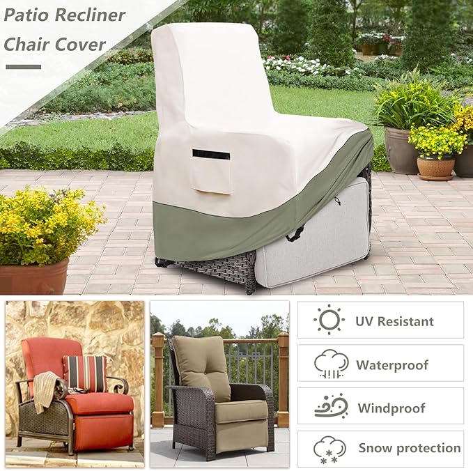 Outdoor Recliner Chair Covers,Patio Swivel Chair Covers,600D Heavy Duty Waterproof Patio Rocking Chairs Cover,Outdoor Furniture Covers for All Weather Protection.White&Grayish Green
