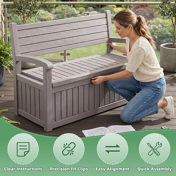 80 Gallon Outdoor Storage Bench Deck Box Waterproof Resin Lockable UV Resistant Benches Furniture Outside Porch Patio Pool Garden Tool Cushion Beige