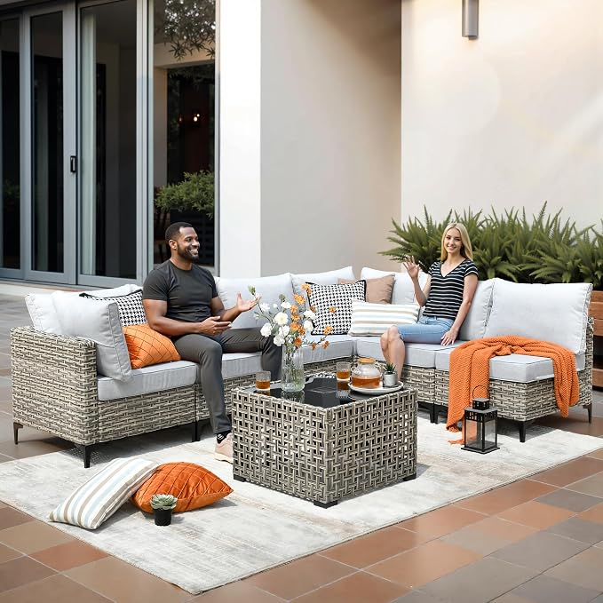 CAODOC Outdoor Sectional Patio Furniture Set,10 Pieces Wicker Conversation Sets L Shaped Couch,Out Door Sofa Outside Furniture with Swivel Chairs,Gray