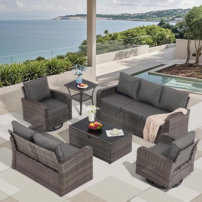 6 Pieces Patio Furniture Sets with Swivel Chairs, Outdoor Furniture Set Sofa Couch for Porch Deck Bistro Lawn Garden Backyard Poolsid- Grey