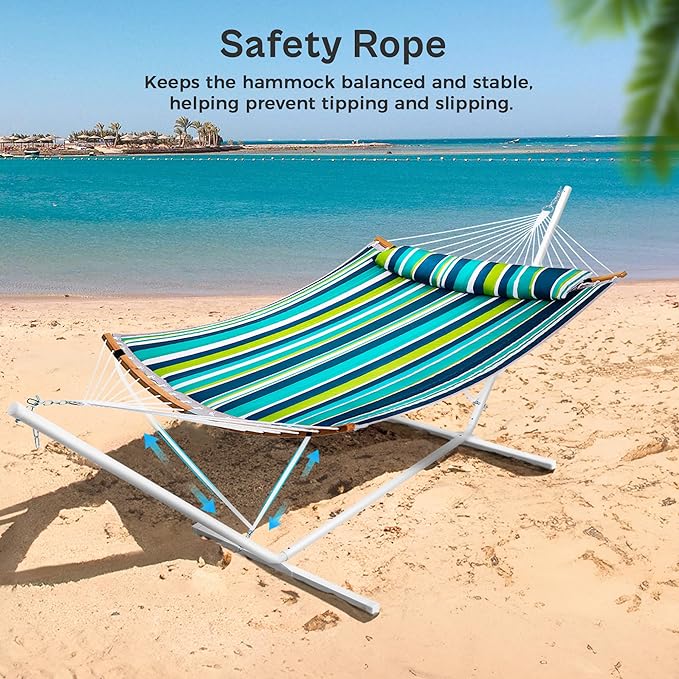 SUPERJARE Curved-Bar Hammock with Stand, 2 Person Heavy Duty Hammock Frame, Detachable Pillow & Portable Carrying Bag, Perfect for Outdoor & Indoor, Blue-Green Stripe