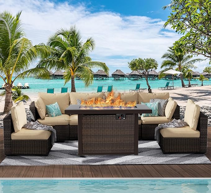 Patio Furniture Set with Fire Pit Table, Outdoor Sectional Rattan Sofa Set, Patio Set Seating Furniture with Thickened Cushions (Beige, 7 Pieces)