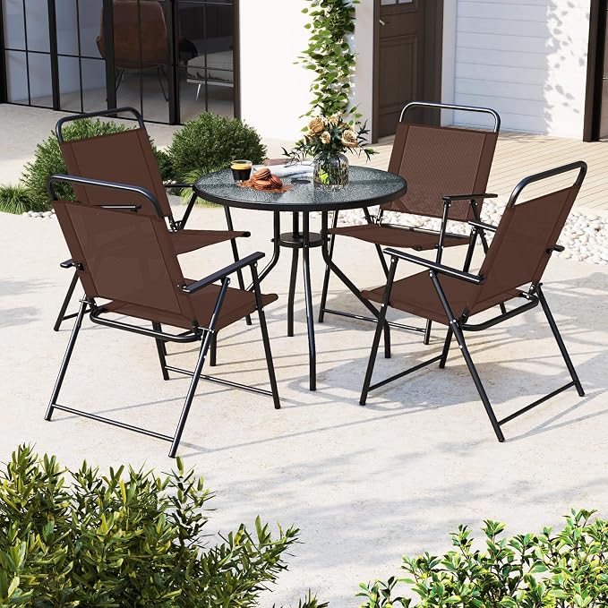 Giantex 6 Pieces Patio Dining Set, Folding Patio Chairs Set of 4, Tempered Glass Umbrella Table with Hole, Patio Table and Chairs for Lawn, Deck, Poolside, Backyard (Brown)