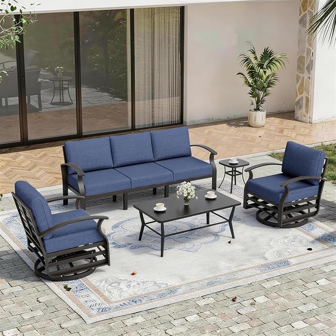 Kurapika Aluminum Patio Furniture Set 5-Seat Modern Outdoor Conversation Sets w/Swivel Rocking Chairs with Rectangular Coffee Table, Navy Blue