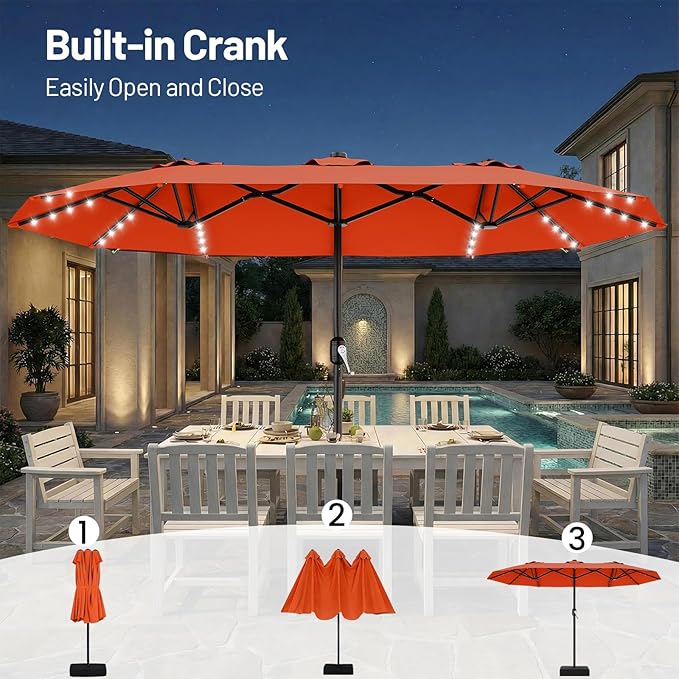 AreShark 13 FT Patio Umbrella with Solar Lights, Double-Sided Outdoor Table Umbrellas with Crank, Large Rectangular Market Umbrella for Porch, Lawn, Pool, Backyard, Orange