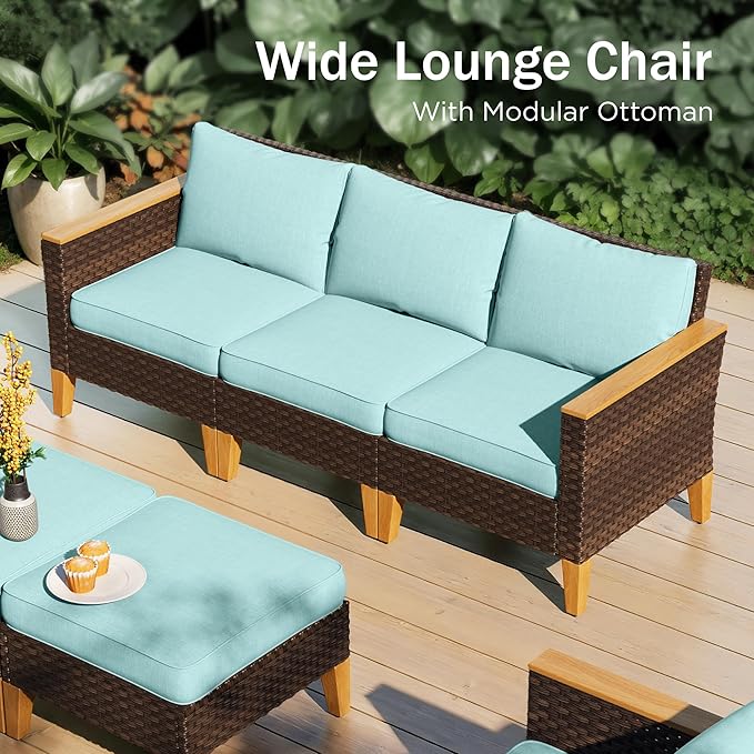 PHI VILLA 7-Piece Wicker Patio Furniture Set, Rattan Outdoor Sectional Furniture Set for 7 Seats with Cushioned 3 x Armrest Chair, 2 x Ottoman and 2 x Armless Sofa, Aqua Blue
