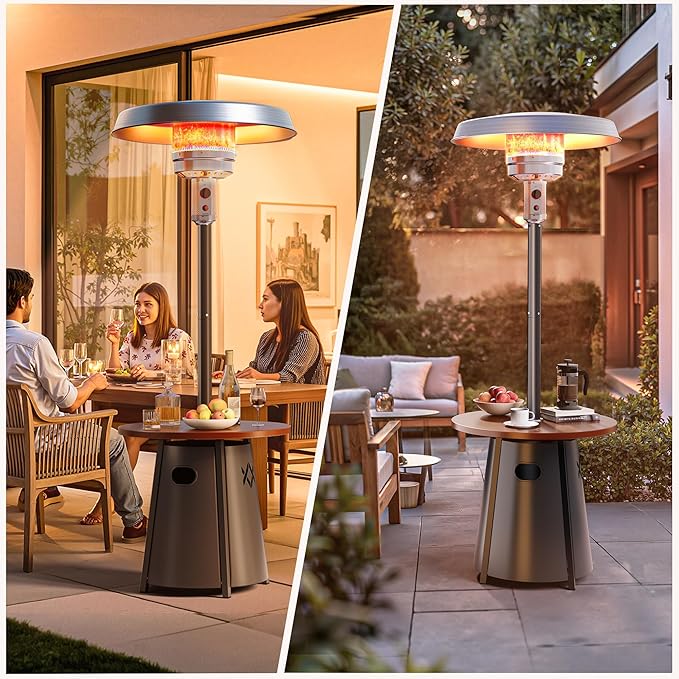 Pamapic Patio heater, 50,000 BTU Propane Outdoor Heater with Round Table, Premium 304 Stainless Steel Burner, Triple Protection System，2 in 1 Patio Heater for Outdoor Use, Residential & Commercial Use