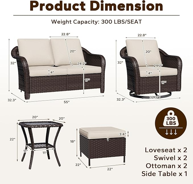 7 Piece Patio Wicker Conversation Set, 2 All-Weather Use Outdoor Wicker Loveseat with 2 PE Rattan Ottomans,2 Swivel Chair, 1 Side Table, Ideal for Porch, Backyard, Balcony, Poolside, Beige