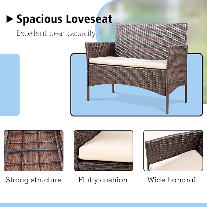 JAMFLY 4 Piece Outdoor Patio Furniture Set, PE Wicker Conversation Kit with Tempered Glass Table, All-Weather Seating for Small Porch, Balcony & Poolside, Washable Cushions, Brown