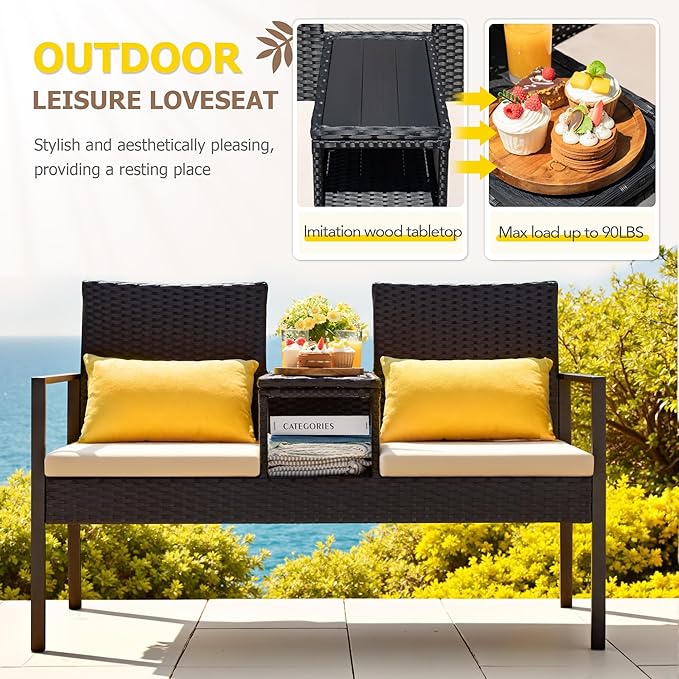 Greesum Patio Conversation Set Outdoor Wicker Furniture Sets with Soft Cushions and Built-in Coffee Table for Lawn, Garden and Backyard, Beige