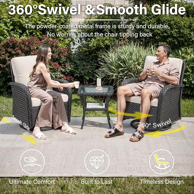 Belord 5 Pieces Patio Furniture Set with 30” Propane Fire Pit Table, Deep Seating Swivel Rocker Glider Outdoor Chairs Set of 4 with Side Table Set of 2 Patio Conversation Set Black Wicker