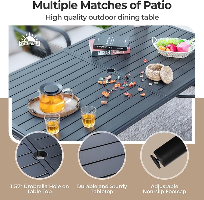 SUNSHINE VALLEY 7 Piece Patio Dining Set for 6, Rectangular Metal Dining Table with Umbrella Hole and 6 Textilene Chairs, Outdoor Table and Chairs Set for Lawn Backyard and Deck, Blue