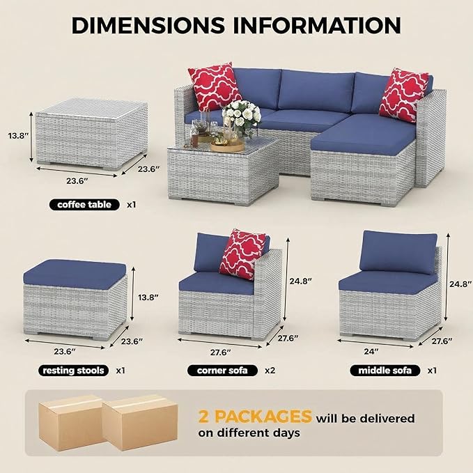 5-Piece Patio Sectional Sofa Set, All-Weather Brown PE Rattan Outdoor Conversation Furniture with Neutral-Tone Cushions, Glass Coffee Table & Footstool, Modular Design for Garden, Porch, Balcony, Pool