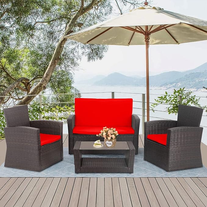 PayLessHere 4 Pieces Patio Conversation Set, Outdoor PE Rattan Wicker Sofa Furniture Set with Soft Cushions and Glass Coffee Table for Backyard Lawn Garden Balcony Porch Poolside,Red