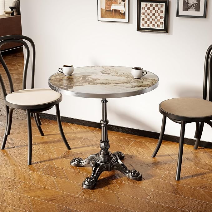 31.5" Outdoor Tulip Dining Table with Sintered Stone Tabletop and Cast Iron Base, Antique Patio Bistro Table for 2-4 Person for Indoor Outside Cafe Restaurant Backyard Garden (Platinum Cloud)