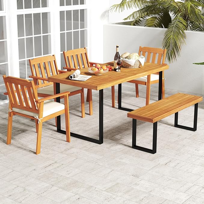 RELAX4LIFE Outdoor Dining Table for 6, 63’’ Rectangular Wooden Patio Table w/Umbrella Hole, Acacia Wood Tabletop & U-Shaped Metal Legs, Farmhouse Indoor Outdoor Use for Kitchen Garden Porch Backyard