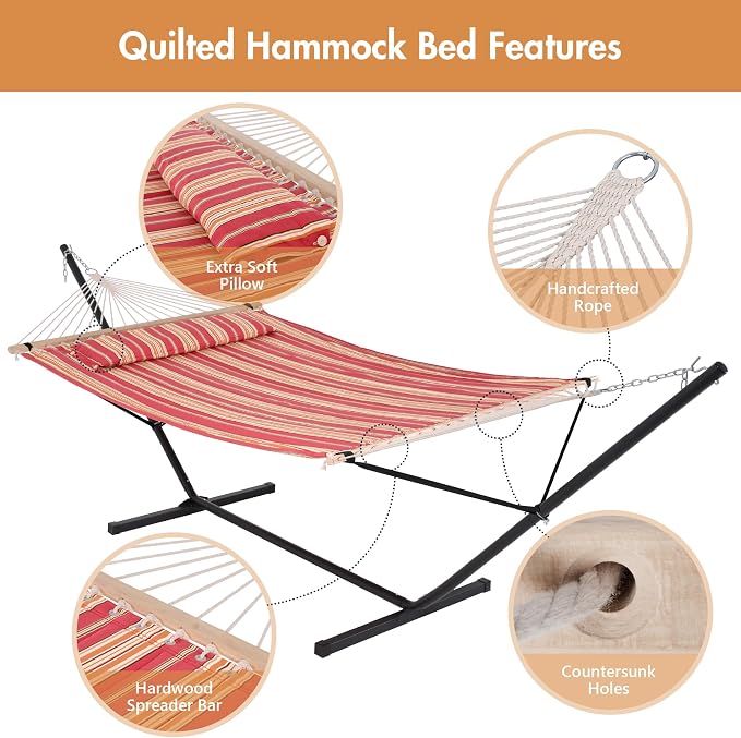 ANOW Outdoor Hammock with Stand 12FT, Heavy Duty Hammocks with Stand Included, 450 LBS Weight Capacity, Red Stripes