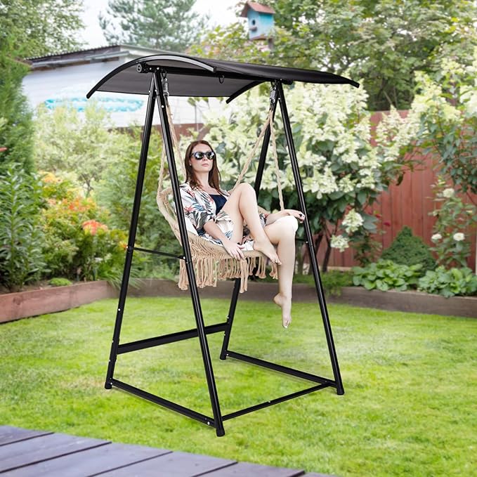 Hammock Stand with Canopy, Premium Outdoor Swing Frame for Hammocks and Hanging Chairs, 600 lb Capacity Steel Stand for Patio, Garden, Backyard