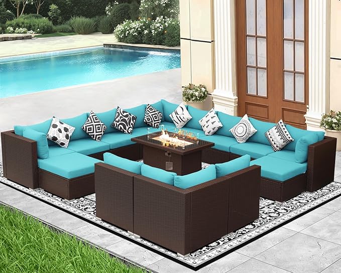 NICESOUL 15 Piece Outdoor Sectional with Fire Pit Table, Modern Luxury Patio Deep Seating w/Firepit, 29.3'' High-Back Wicker Couch Thick, Big High-Weight Capacity Sofa for Garden, Yard, Brown & Teal
