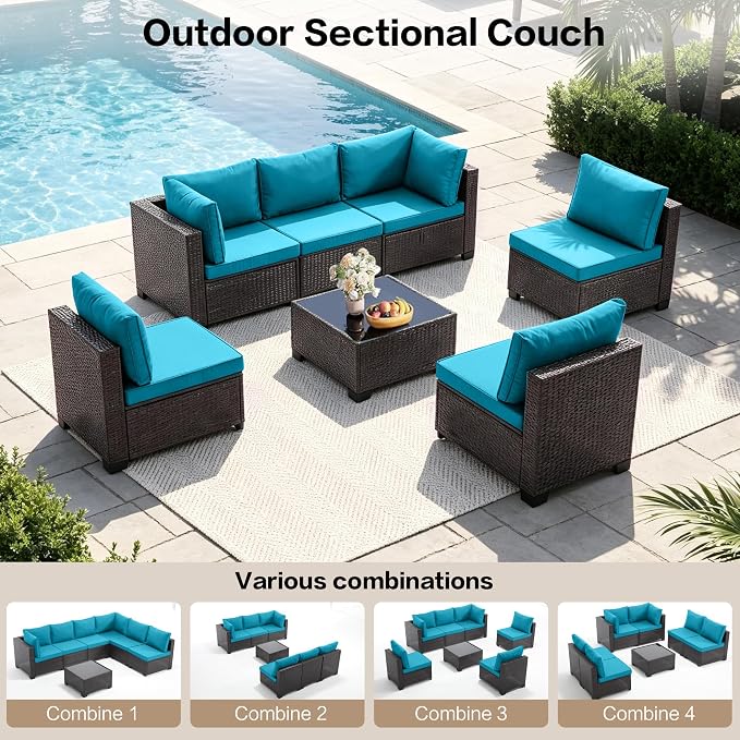 7-Piece Outdoor Patio Furniture Set, Brown PE Rattan Sectional Sofa with Turquoise Cushions and Steel Frame, Coffee Table Included, Modular Outdoor Conversation Set for Patio Garden Poolside