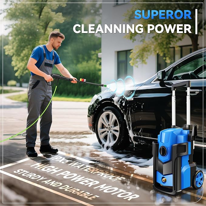 Electric Pressure Washer 5000PSI, Heavy Duty Power Washer Electric Powered, with 4 Nozzles,Foam Cannon,33FT Hose and 500ml Soap Bottle,Car Wash Machine/Car/Driveway/Patio Clean,Blue