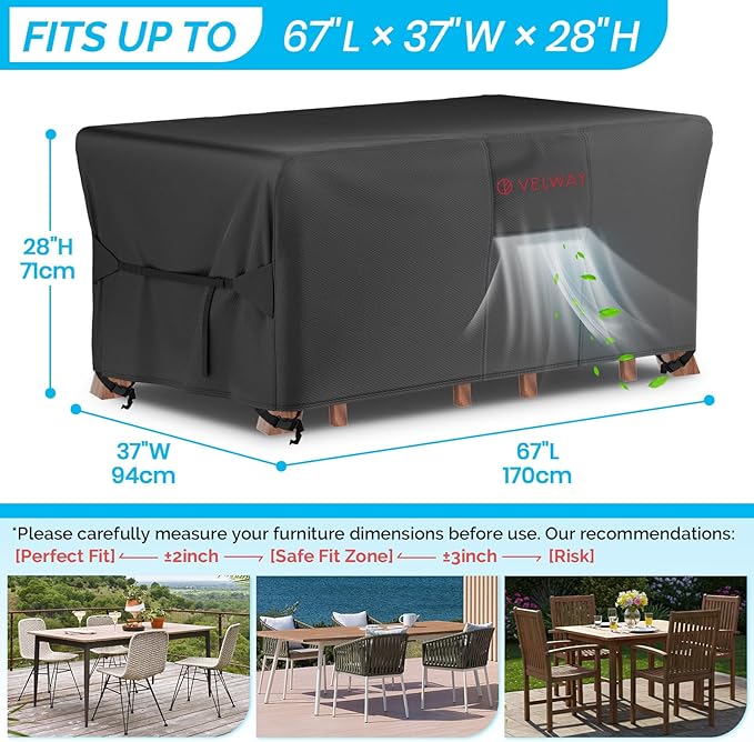 Velway Patio Furniture Cover Waterproof - Heavy-Duty 500D Upgraded Tear-resistant Outdoor Table Chair Set Cover with Windproof Buckles&Large Air Vent Anti-UV Rectangle Furniture Covers 67"x37"x28"
