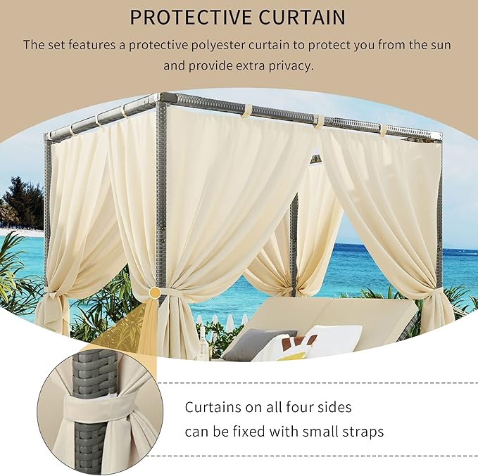 KEVINSPACE Outdoor Daybed with Curtain Canopy Bed Patio Furniture Adjustable Sunbed Set All-Weather Rattan Sun Lounger Patio Wicker Sofa Set Patio Conversation Set Curtains for Garden Yard Beige