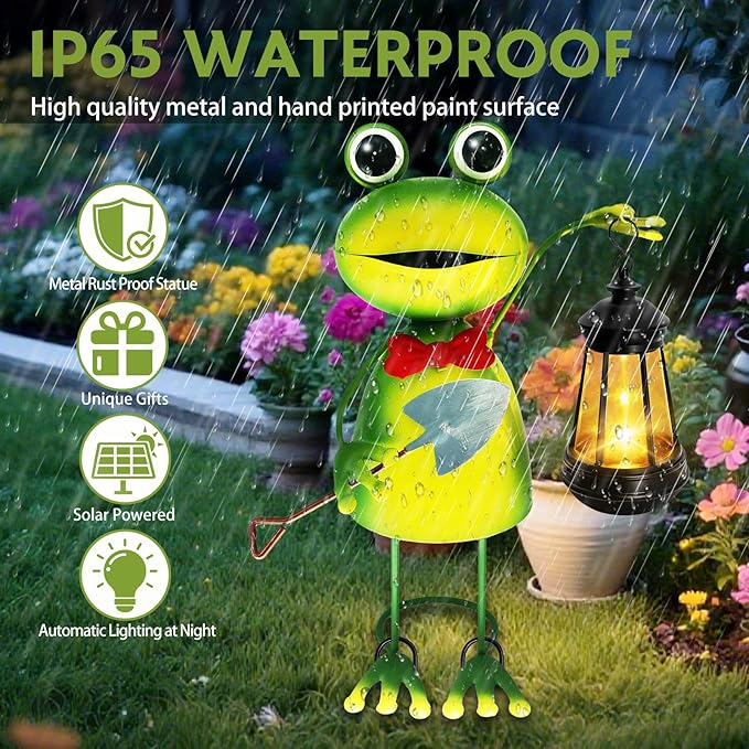 Solar Garden Lights Frog Statue with Solar Lantern,13.78in Tall Frog Decor Fairy Accessories,Mothers Day Birthday Gifts for Women Mom Grandma,Big Metal Decorative Stakes for Home Decor,Patio,Yard Art
