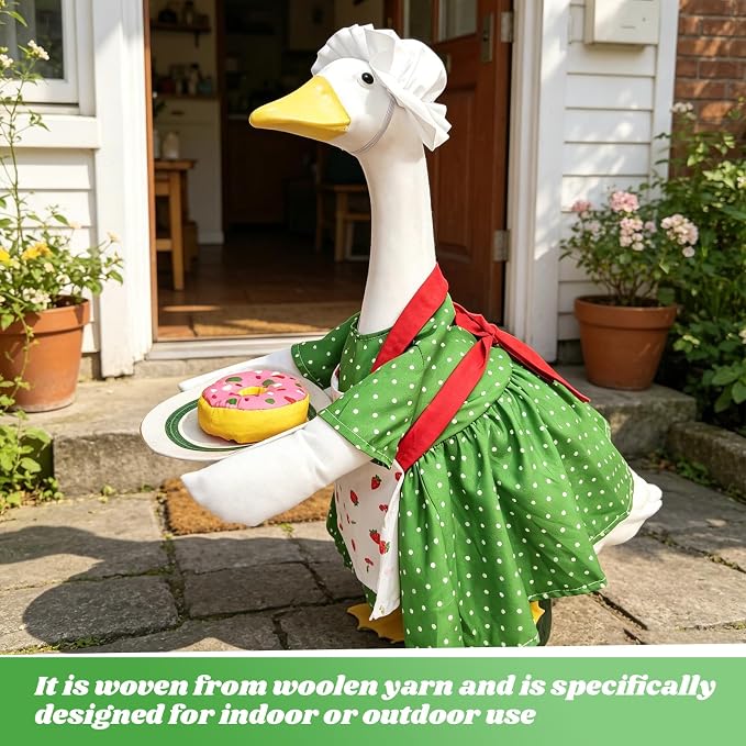 Chef Goose Outfit Green Polka Dot with Detachable Donut – Gift for Grandma, Mother – Spring Summer Garden Decoration for Cement Yard Goose
