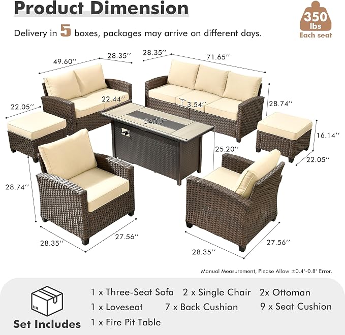 ovios 7 Pieces Patio Furniture Set, Outdoor Wicker Sofa Couch with 54" Fire Pit Table Comfy Cushions, All Weather Brown Rattan Conversation Set for Backyard Deck, Beige