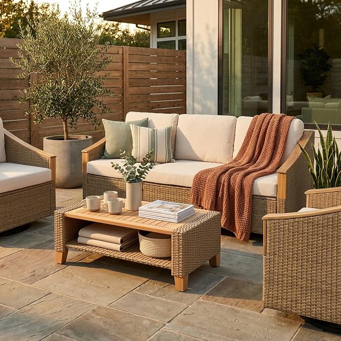 SUNSITT 4-Piece Wicker Patio Set with Swivel Chairs, Acacia Wood Accents | 3-seat rattan sofa,2 swivel chairs with acacia wood armrests, 2-layer wood top coffee table, thick cushions for backyard