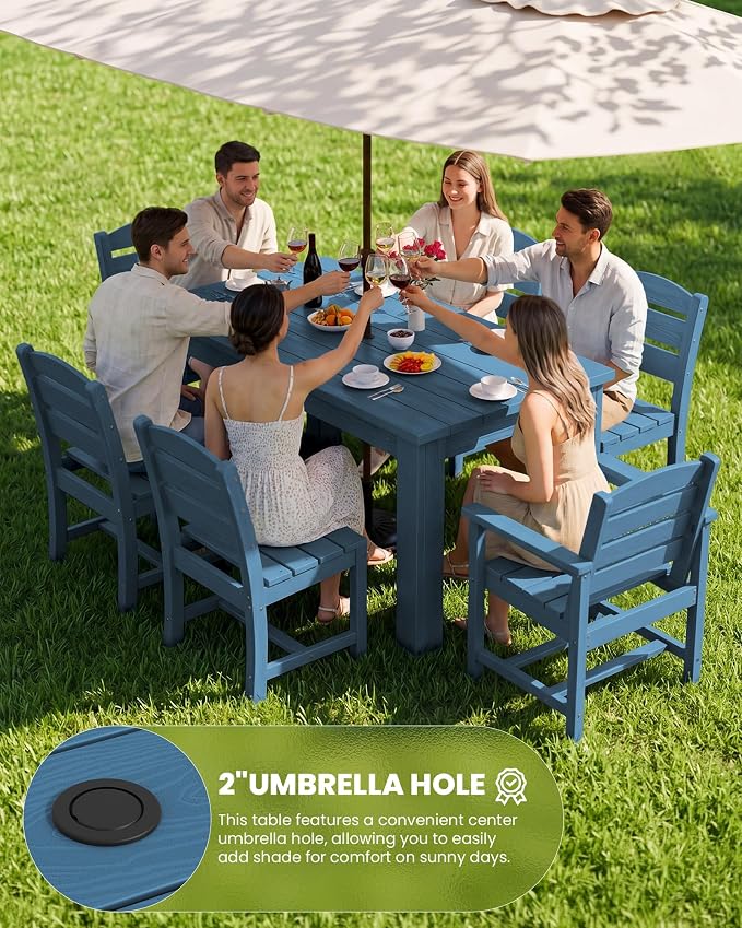 SERWALL 59" HDPE Outdoor Dining Set for 6, w/ 1 Table & 6 Chairs, Blue | Armless Patio Dining Sets for All Weather Use