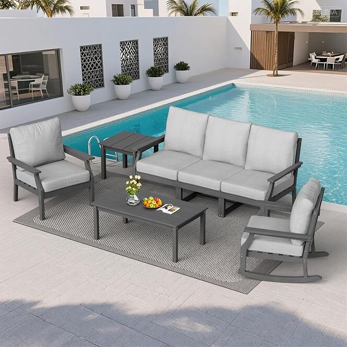 HDPE Patio Conversation Set, 7-Piece All Weather Outdoor Furniture Set with 1 Single Rocking Armchairs for Deck, Lawn, with Cushion, Gray