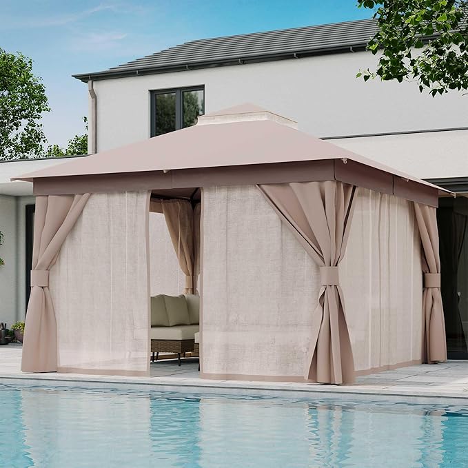 LAUSAINT HOME Patio Gazebo 12'x12', Outdoor Heavy Duty Party Tent Shelter with Double Roofs, Mosquito Nettings and Privacy Screens for Backyard, Garden, Lawn, Khaki
