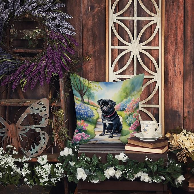 Caroline's Treasures Black Pug Spring Path Throw Pillow Machine Washable, Indoor Outdoor Decorative Pillow for Couch, Bed or Patio, 18Hx18W