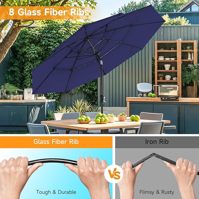 ONBRILL 10 FT Patio Umbrella, 3 Tier Outdoor Table Umbrella with 8 Sturdy Glass Fiber Ribs and Push Button Tilt, Outdoor Patio Umbrellas for Market Pool Garden Backyard, 1.5" Pole, Blue (No Base)