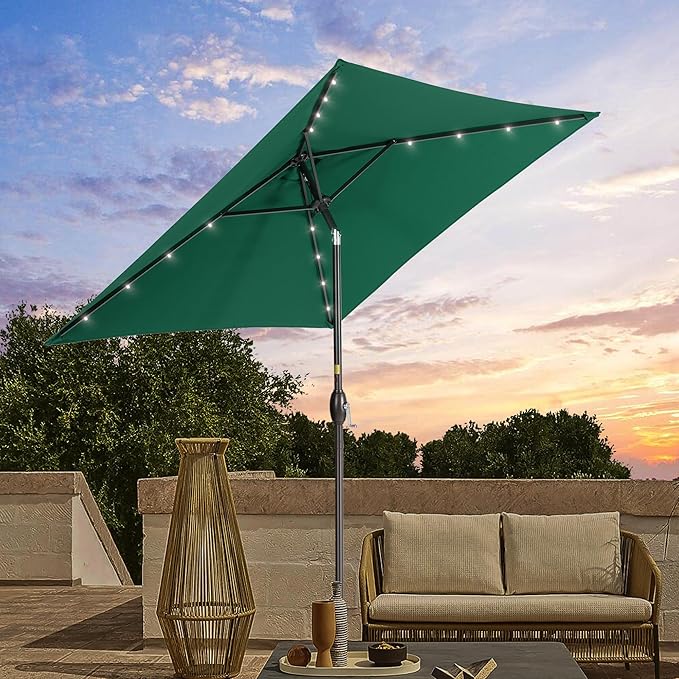 Square Patio Umbrella With Solar Lights, 6.5x6.5ft Square Umbrella Outdoor Patio with Tilt and Crank for Pool, Deck, Garden,Backyard