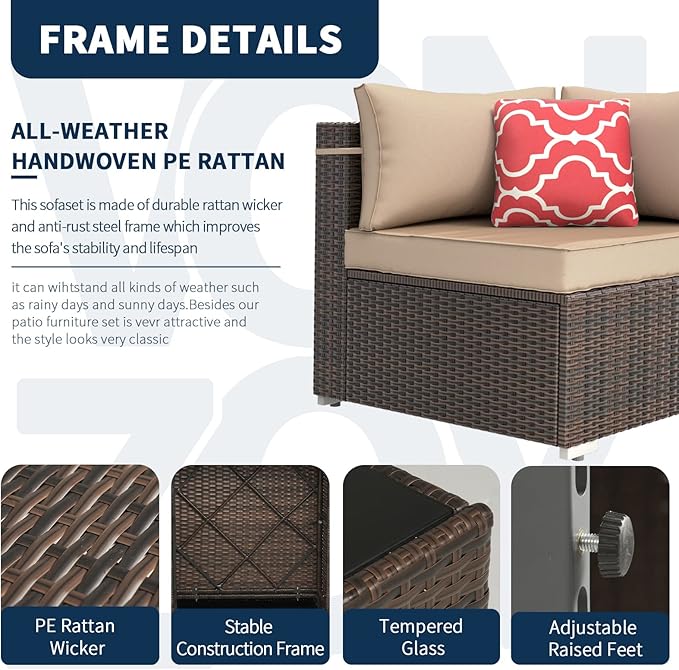 Outdoor Patio Furniture Set 7 Pieces Sectional Rattan Sofa Set, PE Rattan Wicker Patio Conversation Set with 6 Seat Cushions and 1 Tempered Glass Table and Furniture Cover, Brown