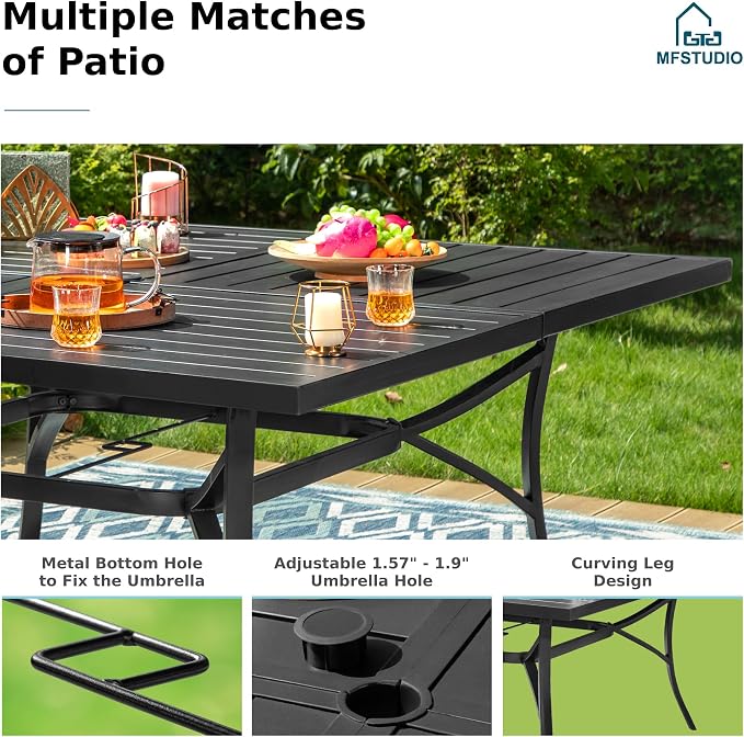 MFSTUDIO 9-Piece Patio Dining Set, 57.5" Square Metal Table, Swivel Chairs | Umbrella Hole, All-Weather Use