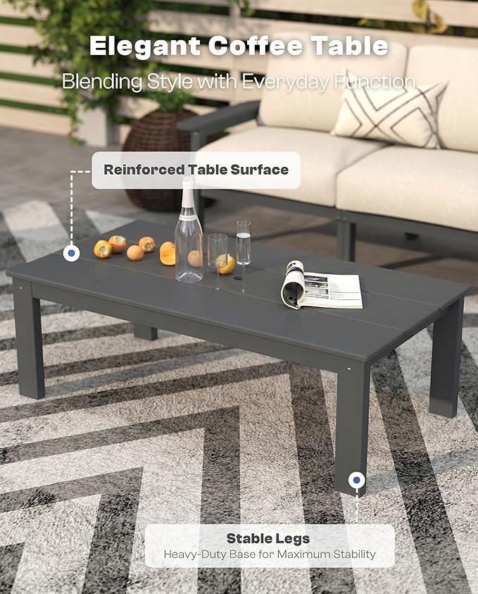 7 Piece Patio Furniture Set, HDPE Outdoor Sectional with Beige Washable Thick Cushions, Coffee Table & Side Table, Patio Conversation Sets for Lawn, Garden, Porch, Balcony (Grey Frame)