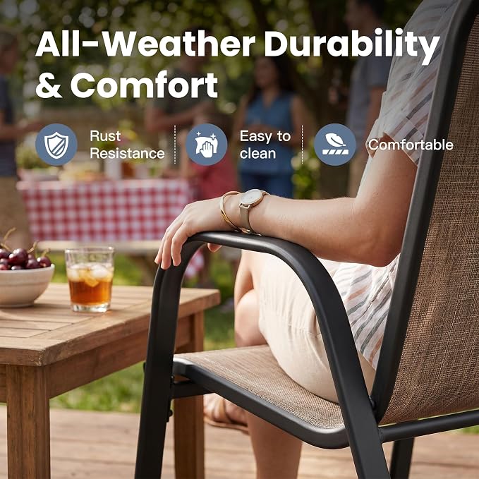 VICLLAX Outdoor Dining Set for 10, All Weather Metal 11 Pieces Patio Set-63 Round Outdoor Table and Stackable Chairs for Lawn Garden and Backyard, Walnut Wood Grain Tabletop
