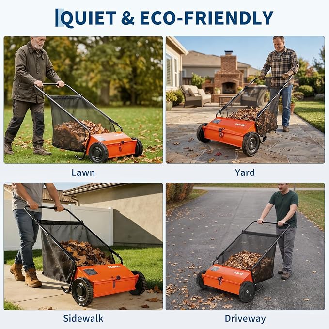 Push Lawn Sweeper 26Inch-Heavy Duty Walk Behind Leaf Collector and Yard Sweeper for Outdoor,Patio,Driveway,Garden Grass Sweepers,4 High Speed Spinning Brush,7 Cu. ft. Hopper Capacity