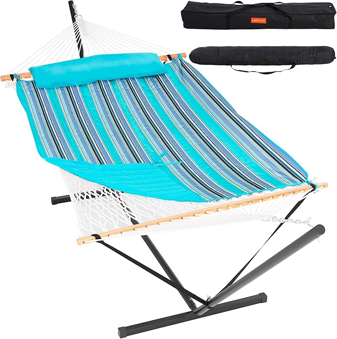 Lazy Daze Hammocks 2 Person Portable Hammock with 12FT Stand, Double Hand Woven Cotton Rope Hammock with Detachable Quilted Pad & Pillow for Outside, 450lb Capacity, Blue Stripes
