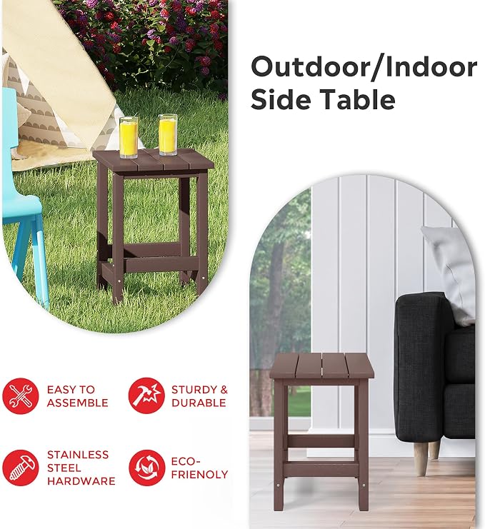 Costaelm Kids Outdoor End Table, Small Patio Table, Outdoor Side Table Porch Table Adirondack Patio Side Table for Outside, Pool, Porch, Garden, Dark Brown