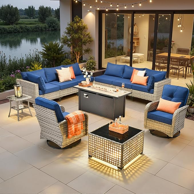 11 Pieces Outdoor Sectional Patio Furniture Set with 54" Fire Pit,Wicker Conversation Sets Rattan L Shaped Couch Swivel Rocking Chairs,Modular Outdoor Sofa for Porch Balcony Backyard Navy Blue