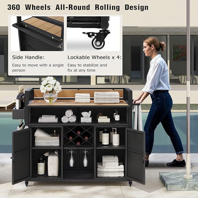 Outdoor Bar Table on Wheels with Extended Table Top and Storage Cabinet