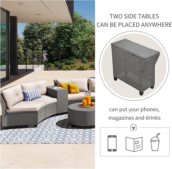 Half-Moon Patio Furniture Sets Outdoor Conversation Set, PE Rattan Sectional Conversation Sofa Set with Thick Cushions and Table for Garden Lawn Pool Backyard, Beige
