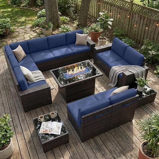 LayinSun 13 Pieces Outdoor Patio Furniture Set with 44" Fire Pit Table Brown Rattan Sectional Sofa Conversation Sets